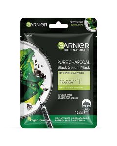 Garnier Pure Charcoal Black Serum Mask 28 gm | Hyaluronic Acid & Black Algae | Helps In Skin Detoxifying & Hydration | For Oily Skin