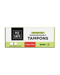 Pee Safe 100% Organic Cotton Biodegradable Super Plus Tampons, 16 Count